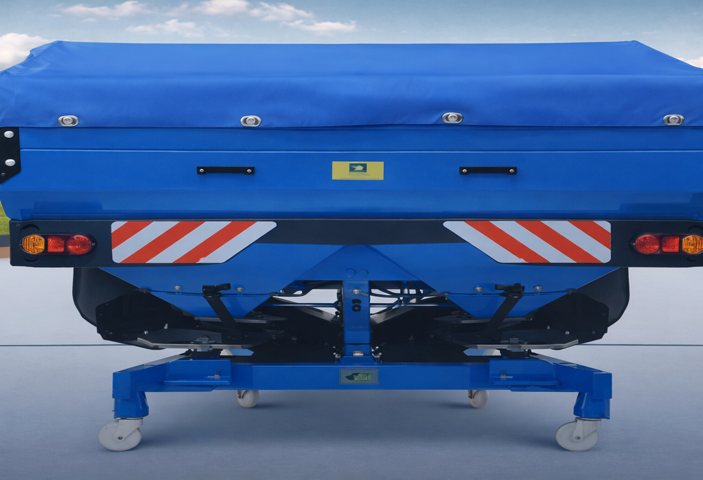 A powerful modern tractor mowing fields in a lush, sunny countryside, showcasing agricultural machinery at work.